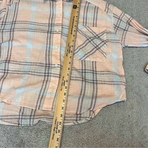Free People Womens Button Up Shirt Large Peach Plaid Relaxed Dolman Sleeve Crop - Picture 9 of 9